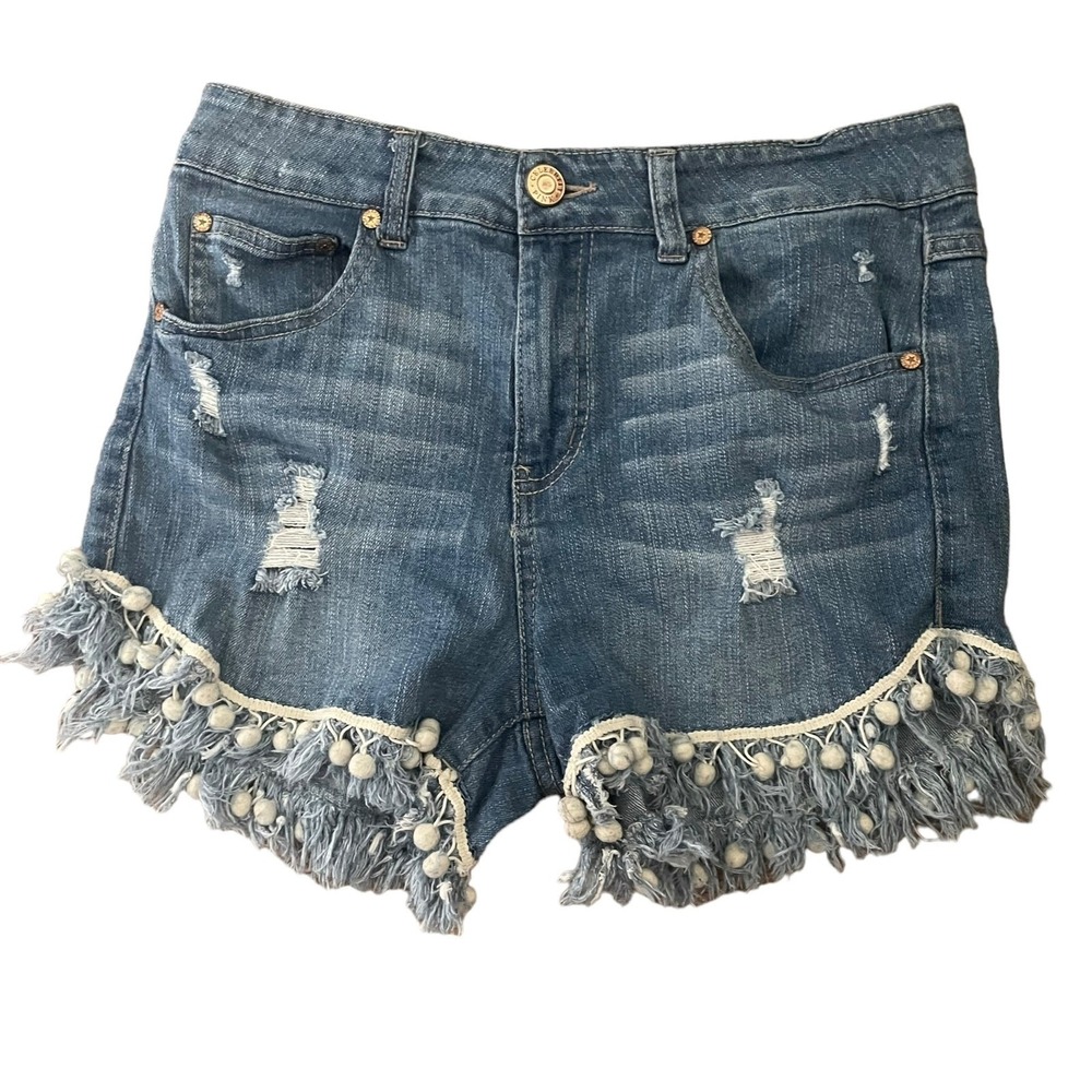 Celebrity Pink Juniors Jean Shorts 7 Blue Distressed Pom Pom Fringe Y2K Festival